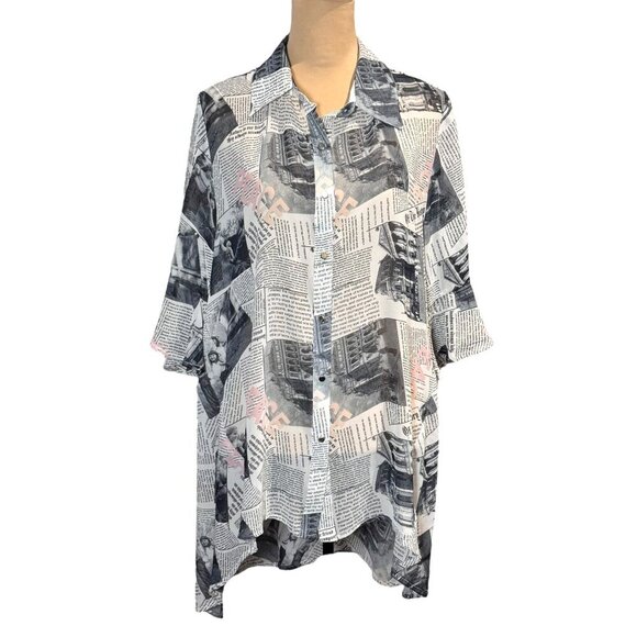 Why Dress Flowy Top Sz.L Newspaper Print Novelty Longline Ruffle 90s Maximalist - Picture 1 of 12